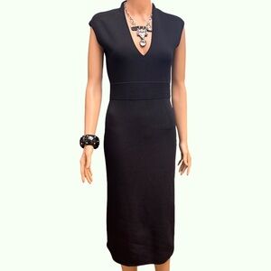 Michael Kors Black Bodycon Midi Dress V-Neck Cap Sleeves Medium